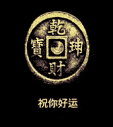a gold coin with chinese writing on it is against a black background