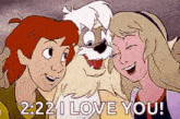 a cartoon of a boy and a girl with a dog and the words `` 2:22 i love you ! ''