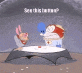 two cartoon characters are sitting at a table with the words see this button written above them