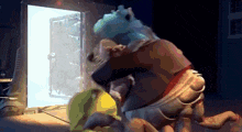 a monster from monsters inc looks out of a doorway