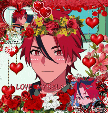 a picture of a boy with flowers on his head and the words love myself on the bottom