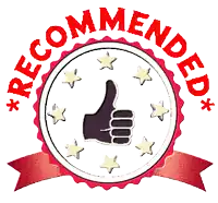 a red and white circle with a hand giving a thumbs up and the words recommended