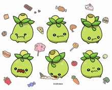 a drawing of a green plant with various facial expressions surrounded by food