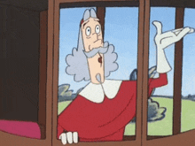 a cartoon character is looking out of a window while wearing gloves