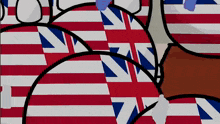 a group of cartoon characters standing in front of a british flag
