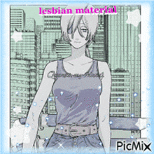 a picture of a woman with the words lesbian material on the bottom