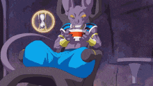 a cartoon character is sitting in a chair holding a cup of coffee