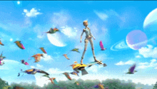 a cartoon character is standing on a skateboard in the sky surrounded by birds