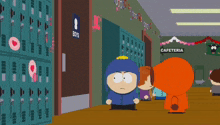 a cartoon character stands in front of a boys locker room