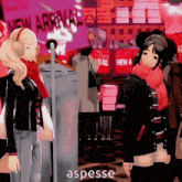 a woman in a red scarf is standing in front of a sign that says new arrival