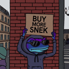 a cartoon character is holding a sign that says buy more snek