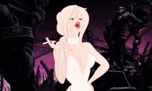 a woman in a white dress smoking a cigarette in a cartoon