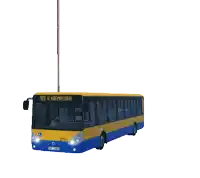 a yellow and blue bus with the number 16 on the front