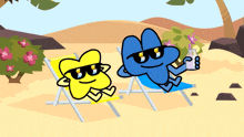 two cartoon characters wearing sunglasses are sitting on a beach