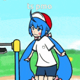 a cartoon of a girl with long blue hair and the words ts pmo on the bottom