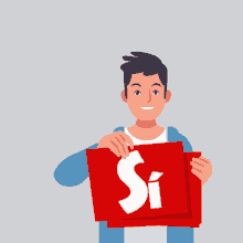 a man is holding a sign that says si