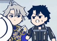 two anime characters are standing next to each other and one has the letter o on his neck