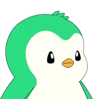 a green and white penguin with a red beak is making an angry face