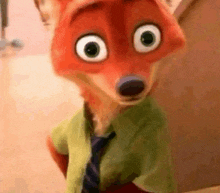 a close up of a cartoon fox wearing a tie and a green shirt .