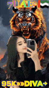 a woman taking a selfie with a tiger in the background and 95k diva on the bottom