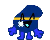 a pixel art drawing of a blue and yellow cartoon character with a star in his mouth