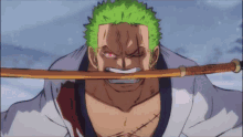 a man with green hair is holding a large sword in his mouth