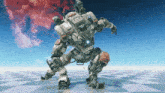a robot is standing on a checkered floor with a blue light on it 's head
