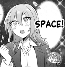 a black and white drawing of a girl with the word space in the corner