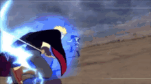 a cartoon character is holding a sword and a lightning bolt is coming out of it