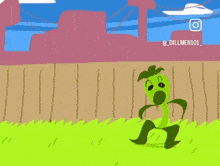 a cartoon drawing of a green alien with a leaf in his mouth