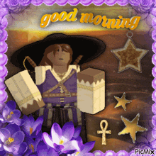 a good morning greeting card with purple flowers and a pirate