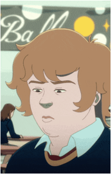 a cartoon of a man with a nose ring in front of a ball sign