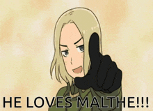 a cartoon of a man pointing with the words he loves malthe written below him