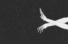 a black and white drawing of a person 's hands reaching out towards the stars .