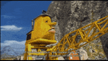 a cartoon of a yellow crane with a woman 's face and the words if crane 's sad we make him smile