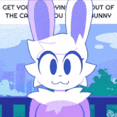 a cartoon of a white and purple bunny with the words get you the car out of bunny behind it