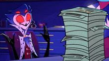 a cartoon character with red eyes is sitting in front of a stack of paper
