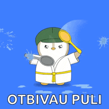 a cartoon of a penguin holding a spoon and the words " otbivau puli "