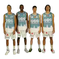 a group of basketball players standing next to each other with one wearing the number 9