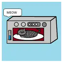 a cartoon of a cat in a microwave with a meow sign above it