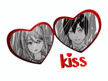a couple of heart shaped mirrors with the word kiss below them