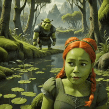 shrek and fiona are standing in a swamp with lily pads