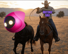 a man on a horse holding a lasso with motoko dao written above him