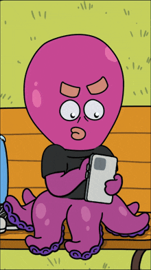 a cartoon octopus sitting on a bench looking at a cell phone
