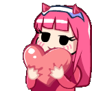 a cartoon girl with pink hair is holding a pink heart in her hands .