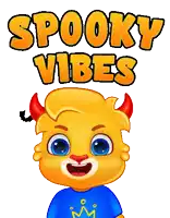 a cartoon character with red horns and the words spooky vibes above him