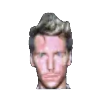 a close up of a man 's face with a white background behind him