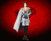 a man in a white coat with gold trim and a blue vest is standing in front of a red background