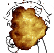 a pixel art drawing of a person holding a fried chicken nugget with the words picmix written in the background