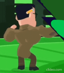 a cartoon of a man with glasses and a brown jacket standing on one leg